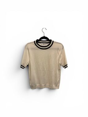 Short Sleeve Sweater Tee in Cream with Black Trim
